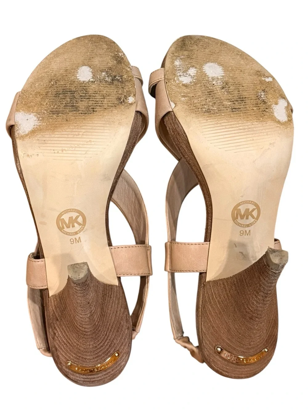 Michael Kors Nude Leather Ankle Strap Wood Platform Heel Sandals Size 9M